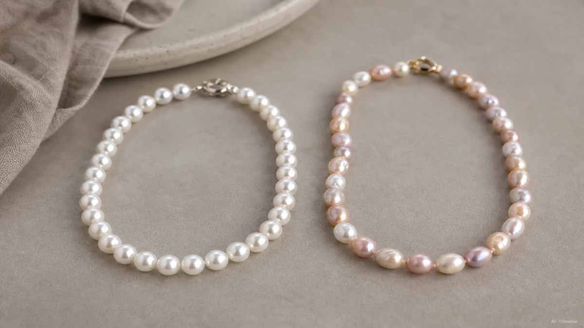 Image: an Akoya pearl necklace and a freshwater pearl necklace laid side by side on a neutral surface, showing the Akoya's sharper round white luster against the freshwater's softer pastel-toned baroque shapes, soft studio lighting