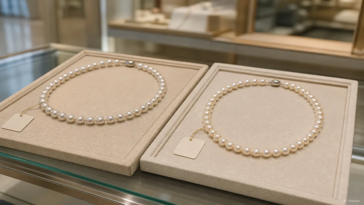 Image: a jewelry counter display comparing an Akoya pearl necklace and a freshwater pearl necklace with small discreet price tags, warm retail lighting, no visible brand logos