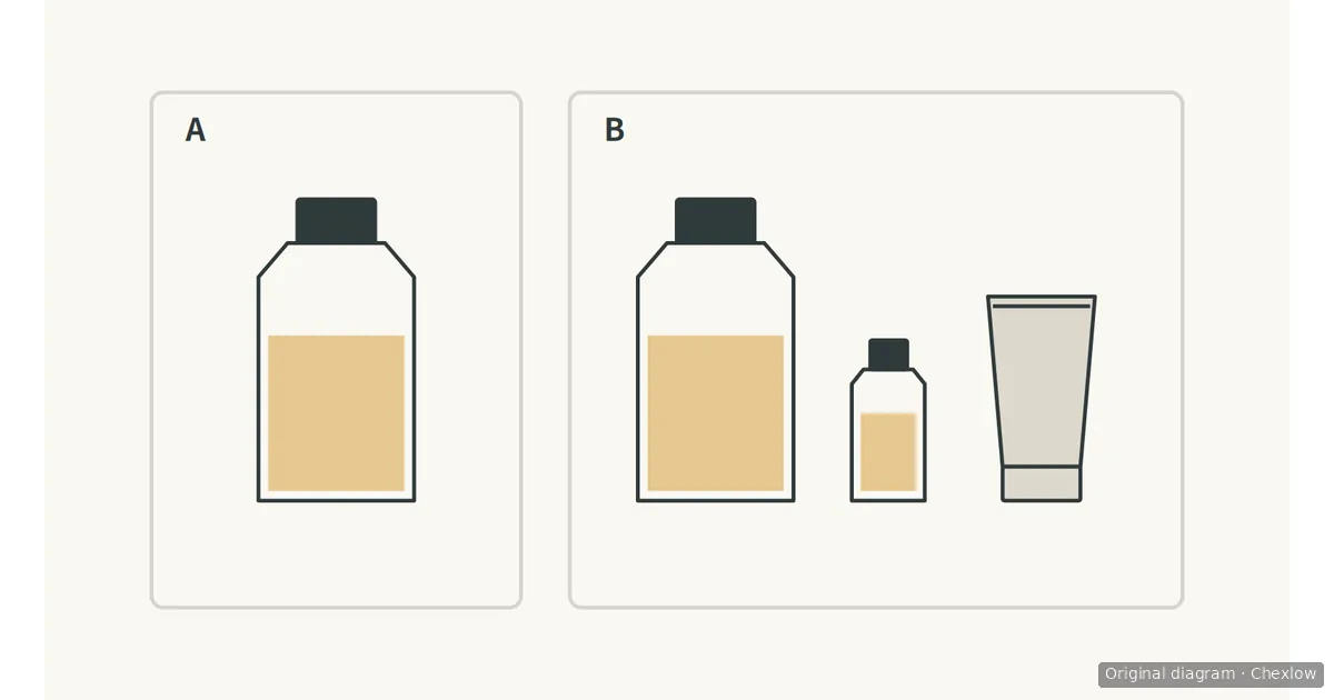 Diagram placing a single perfume bottle beside a group containing a matching bottle, a smaller perfume bottle and a lotion tube