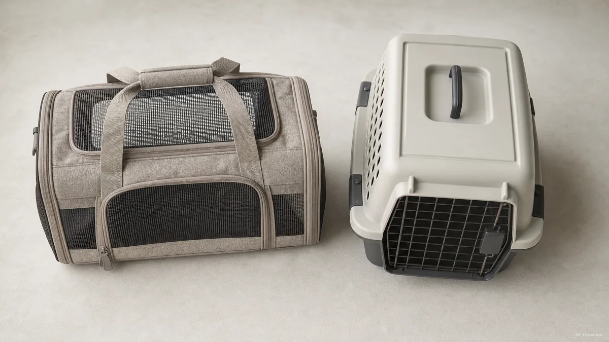 Image: 明るいスタジオ背景にメッシュ窓の付いたソフトペットキャリーバッグとプラスチック製クレート型のハードキャリーを並べた清潔な商品写真、ブランドロゴなし — AIイラスト