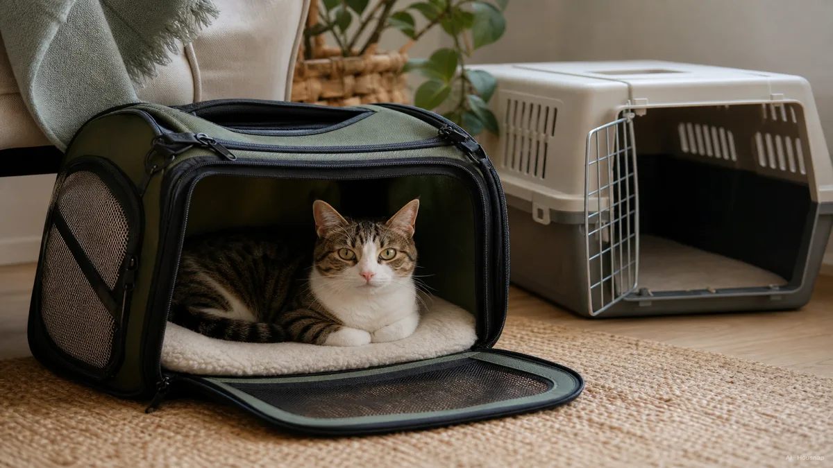 Image: 居心地のいいリビングの一角で、パッド入りの開いたソフトキャリーの中でくつろぐ猫と、隣にワイヤードアが開いたプラスチック製ハードキャリーが並ぶ様子、自然な室内光、ブランドロゴなし — AIイラスト