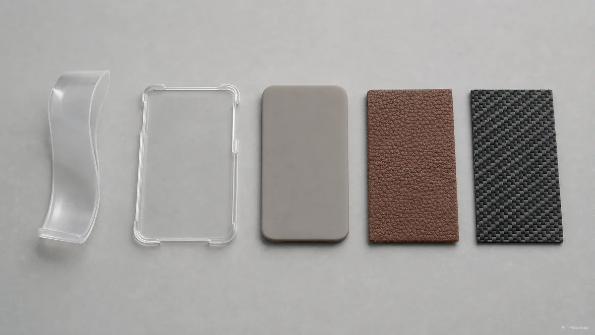 Image: a clean flat-lay of phone case material swatches side by side, soft flexible TPU, a rigid clear polycarbonate shell, a soft silicone skin, a leather panel, and a woven aramid fiber sheet, neutral studio lighting, no brand marks — AI illustration