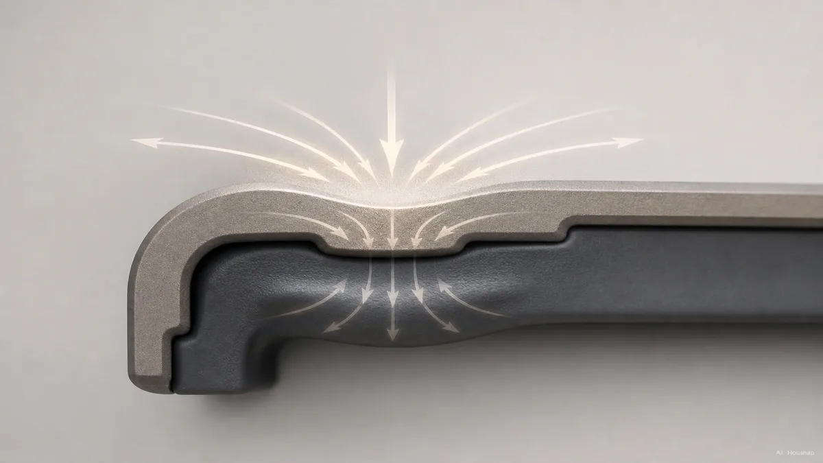 Image: a cutaway cross-section illustration of a dual-layer phone case showing a rigid outer shell spreading impact force and a soft inner liner compressing to absorb it, with light arrows tracing the force path, neutral palette, no brand marks — AI illustration