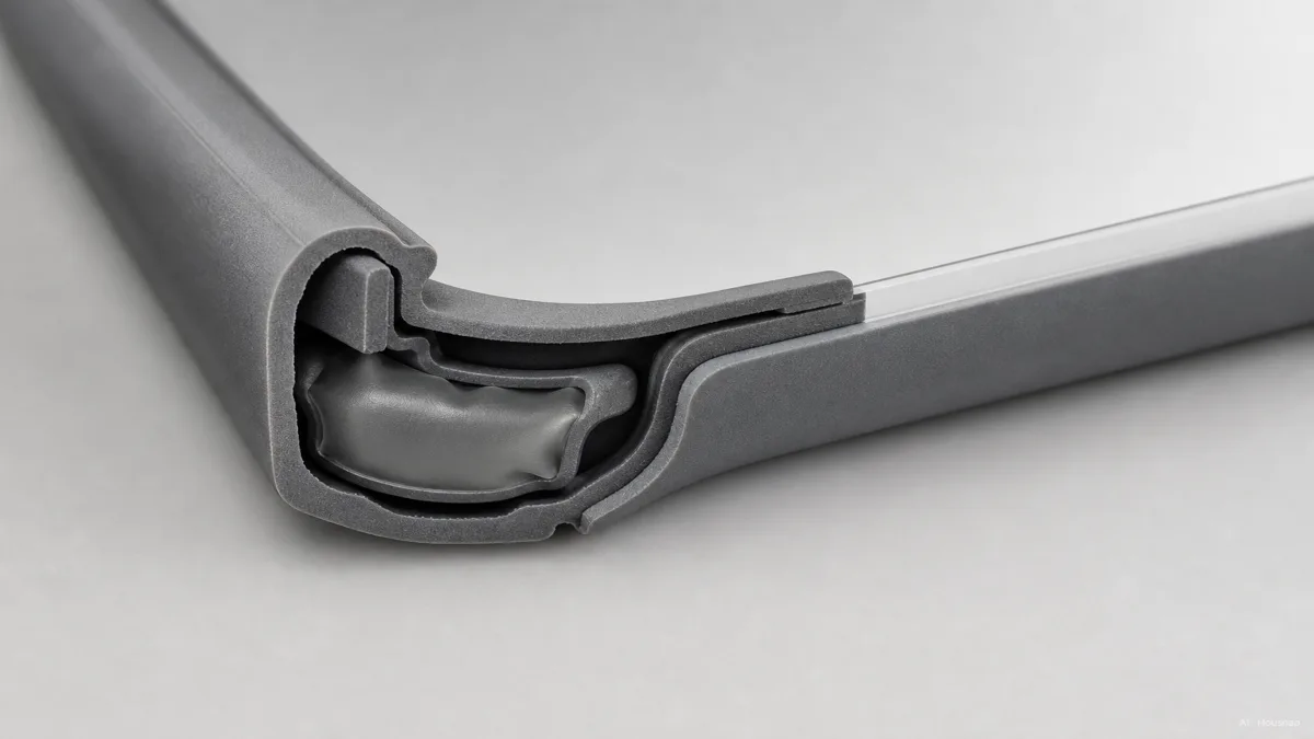 Image: a close-up illustration of a phone case corner cut open to reveal a hollow air-cushion pocket, with a raised lip visible along the screen edge, soft neutral lighting, no brand marks — AI illustration