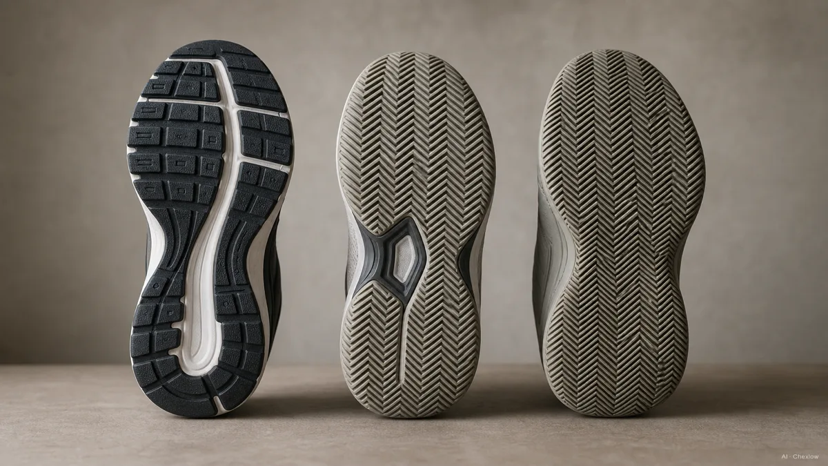 Image: Three shoe outsoles shown side by side on a table, a running shoe with straight forward-facing tread lugs, a tennis shoe with a moderate herringbone pattern, and a pickleball shoe with a denser zig-zag herringbone tread, studio lighting, no visible brand marks