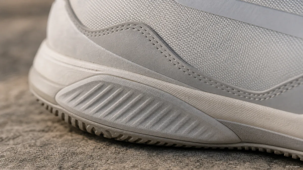 Image: Close-up of a pickleball shoe's outer sidewall and outsole edge, showing a reinforced flared outrigger section and a stitched sidewall panel, soft directional light, no visible brand marks