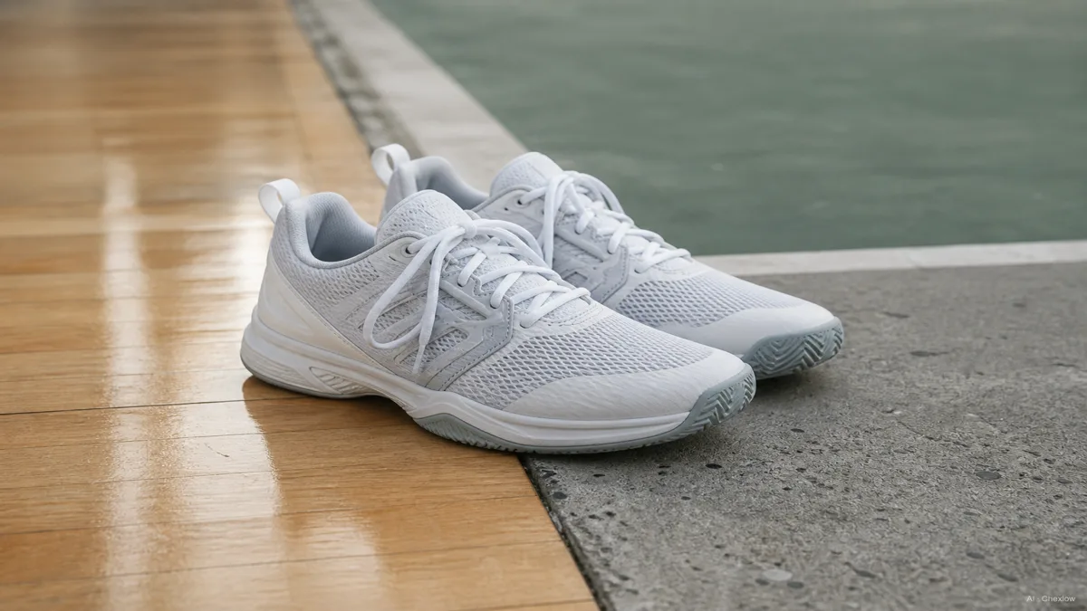 Image: A pair of pickleball court shoes staged between a polished indoor gym floor and a rough outdoor concrete court, natural light, editorial composition, no visible logos