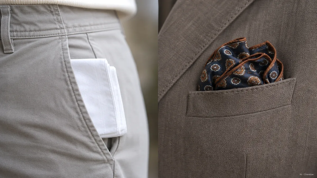 Image: A folded white cotton handkerchief in a trouser pocket next to a crisp patterned silk pocket square peeking from a jacket's breast pocket, side by side comparison, soft daylight