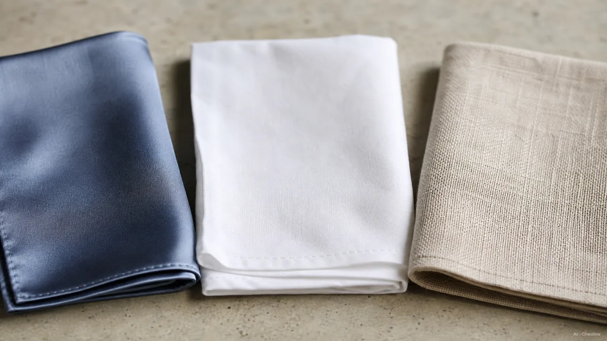 Image: Three pocket squares laid flat side by side to compare fabric, a lustrous silk square, a matte white cotton square, and a textured linen square, close macro detail shot