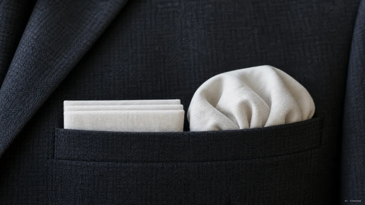Image: Two folded pocket squares side by side in a jacket breast pocket, a crisp presidential flat fold on the left and a soft puff fold on the right, labeled comparison