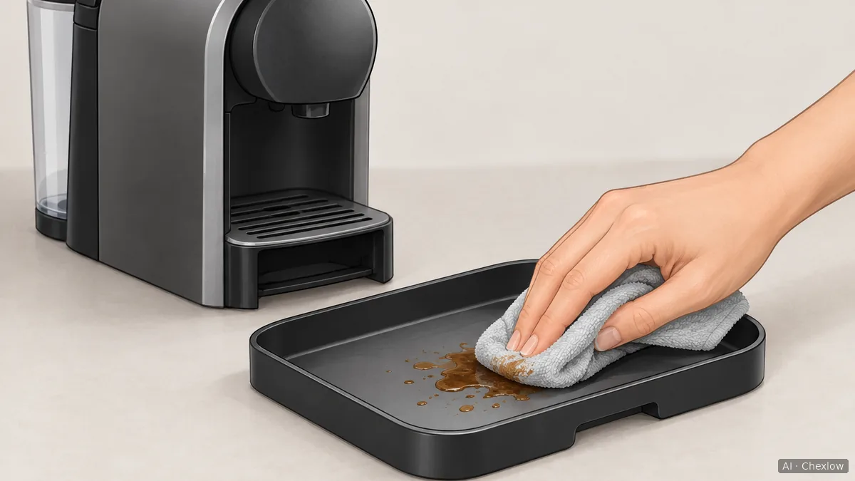 A hand wipes coffee residue from a removable drip tray beside an unbranded pod coffee machine.