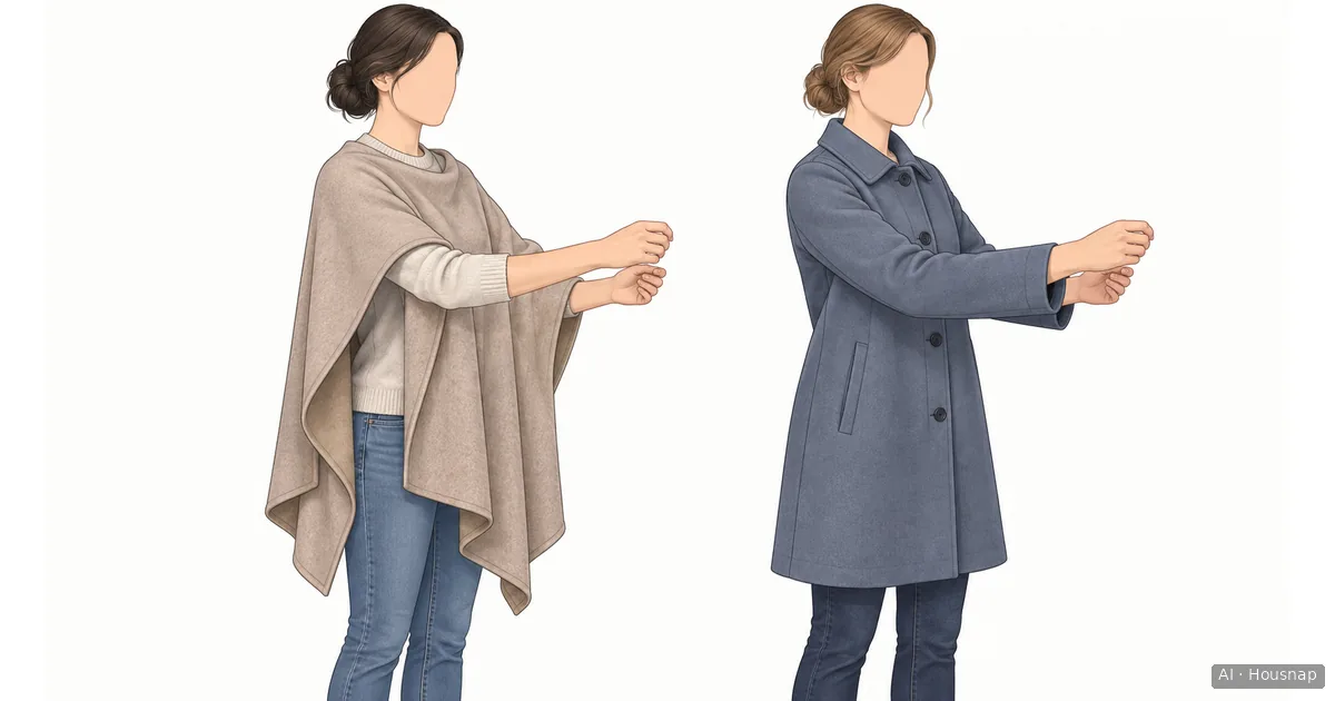 Two figures reaching forward in contrasting outerwear: an open-sided poncho and a coat with long sleeves. — AI illustration