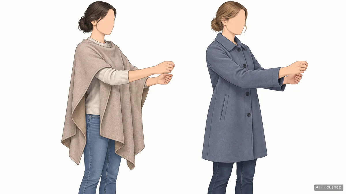 Two figures reaching forward, one with an arm emerging beneath an open-sided poncho and the other with the arm enclosed in a long coat sleeve. — AI illustration