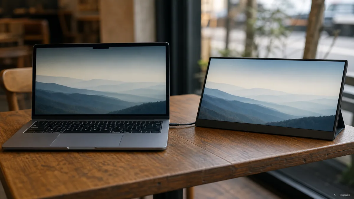 Image: a laptop and a slim portable monitor set up side by side on a cafe table, single cable connecting them — AI illustration