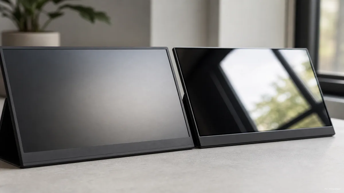 Image: close-up comparison of a matte IPS portable monitor and a glossy OLED portable monitor, side by side, showing screen surface and reflection difference — AI illustration