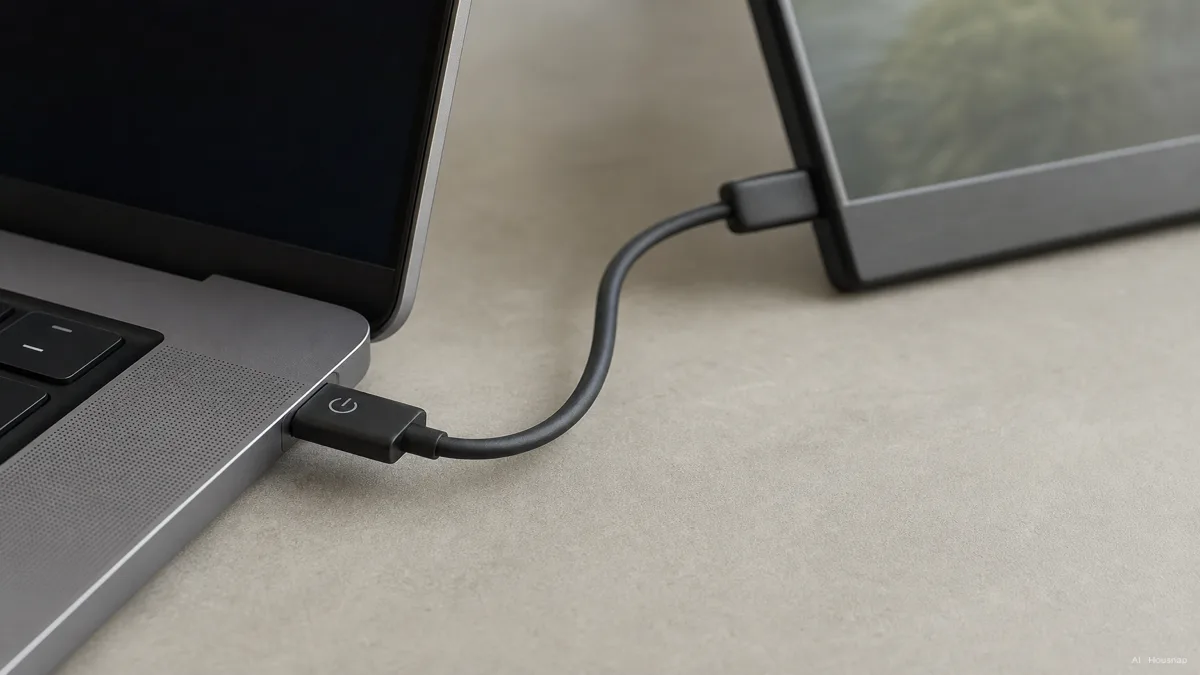 Image: a single USB-C cable running from a laptop port to a portable monitor, close-up on the connector with a small labeled power icon — AI illustration