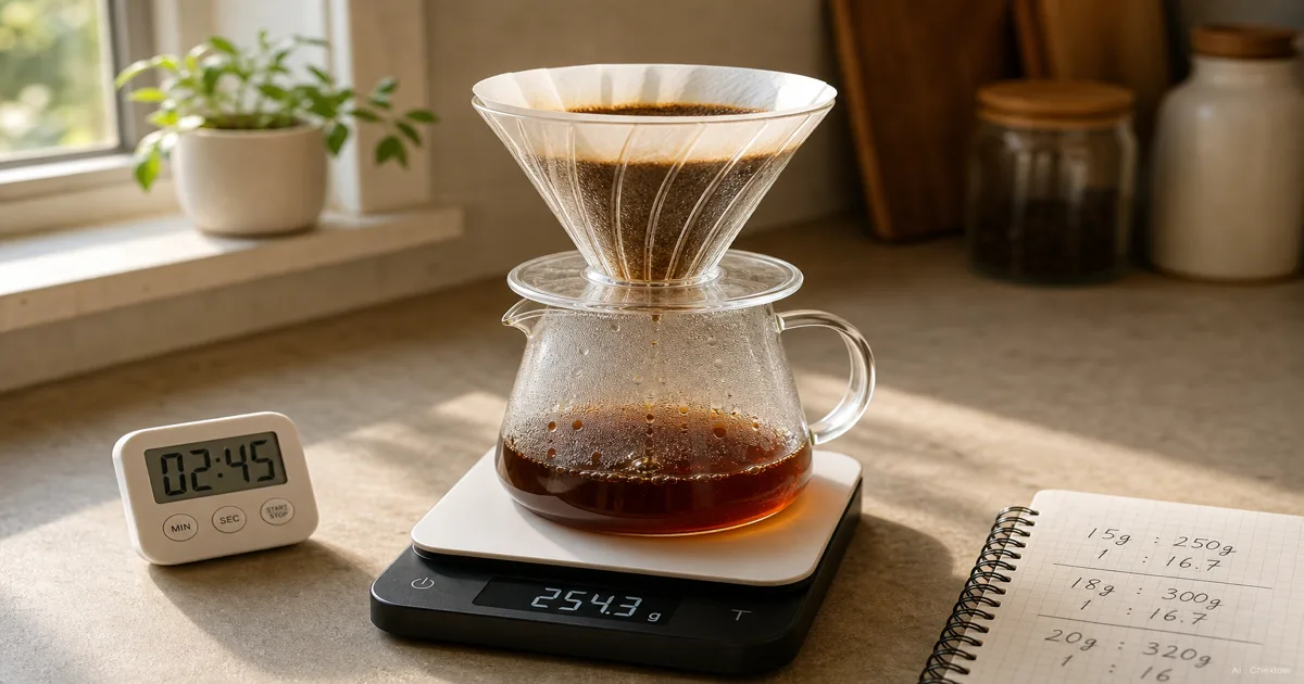 Pour Over Coffee Ratio & Recipe Guide: 1:15, 1:16, 1:17 Explained — AI illustration