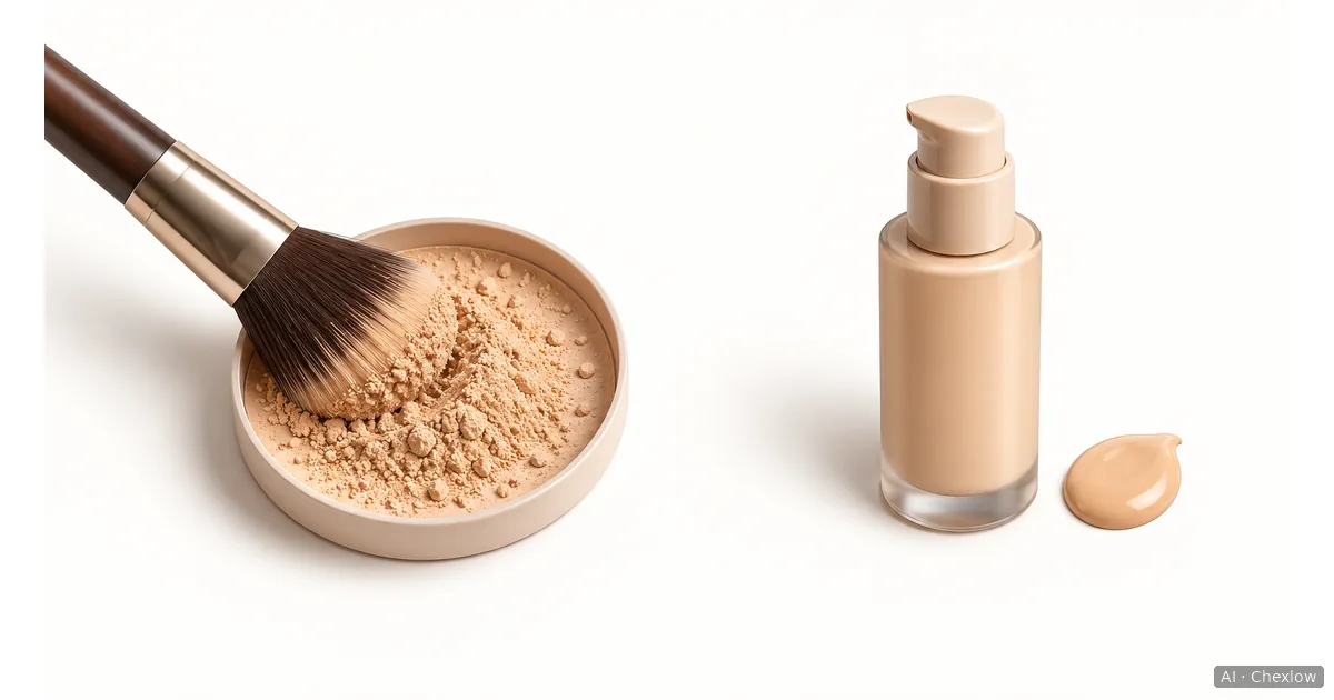 Loose powder in a shallow lid with a brush touching it on the left, and a pump bottle beside a small liquid foundation dollop on the right