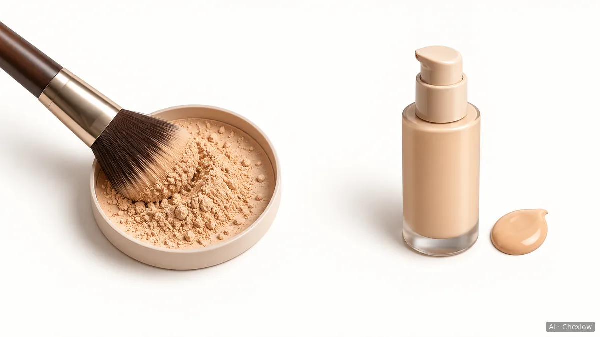 Loose powder in a shallow lid with a brush touching it on the left, and a pump bottle beside a small liquid foundation dollop on the right