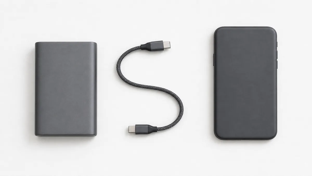 Image: 充电宝、USB-C线缆和智能手机三件物品一字排开的充电全链路俯拍平铺构图 — AI 插图