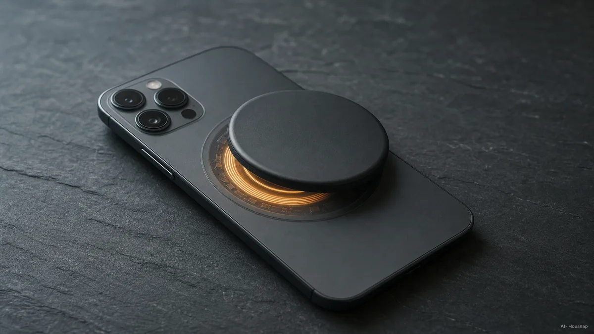 Image: a magnetic power bank snapping onto the back of a phone, the ring of magnets and aligned charging coils shown in a soft cutaway — AI illustration