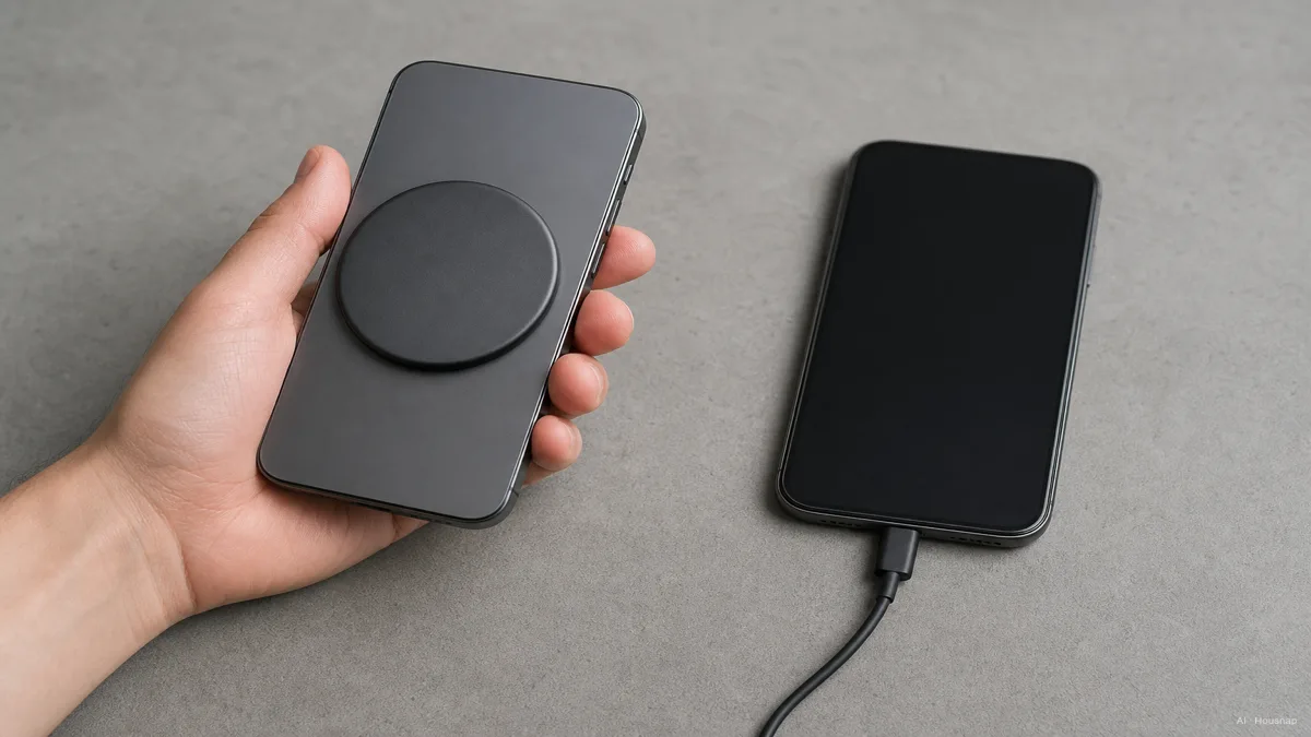 Image: a side-by-side scene, one hand holding a phone with a magnetic pack attached while scrolling, the other phone lying flat with a USB-C cable plugged in — AI illustration