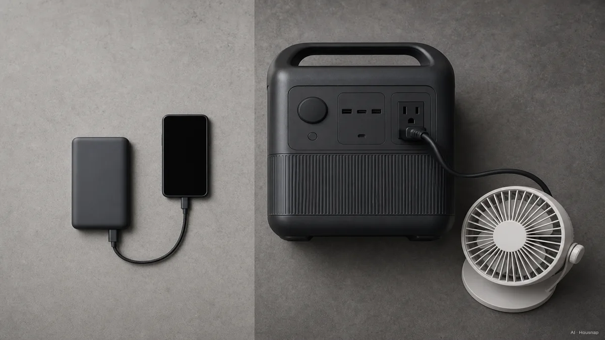 Image: A clean split flat-lay, left side a power bank with a small mAh readout next to a phone, right side a portable power station with a Wh readout next to a small appliance, neutral studio lighting — AI illustration