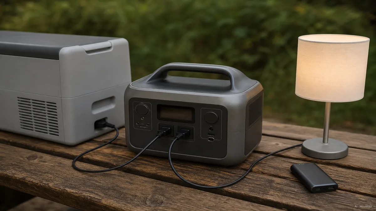 Image: A portable power station outdoors on a picnic table with a mini-fridge and a lamp plugged into its AC outlets, a power bank sitting small beside it for scale, soft daylight — AI illustration