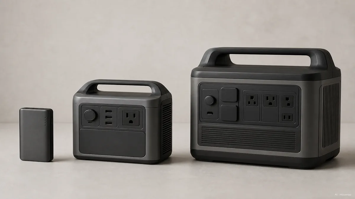 Image: A row of products by weight class, a slim power bank, a mid-size power station, and a large power station, arranged smallest to largest on a neutral surface with subtle scale cues — AI illustration