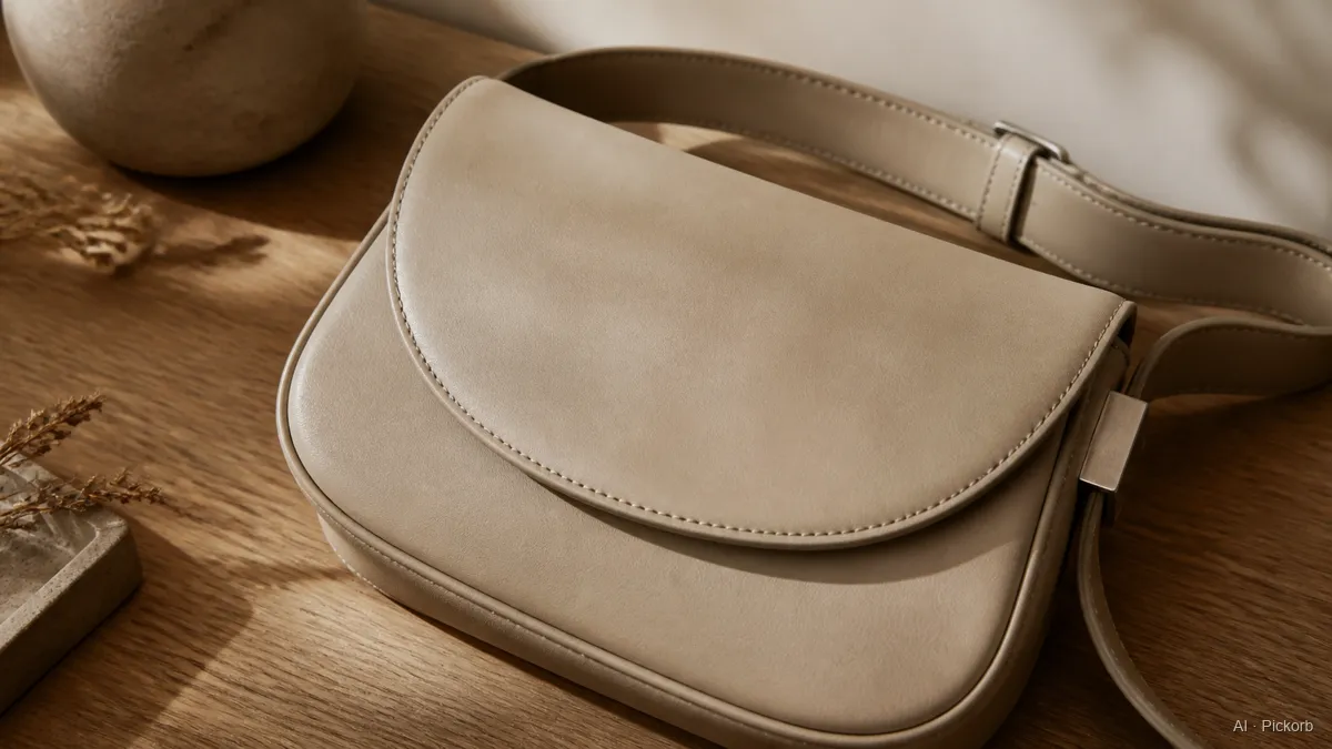 Primo piano di una borsa a spalla ispirata a Prada con patta curva, in pelle spazzolata taupe caldo su rovere opaco (illustrazione generata da IA)