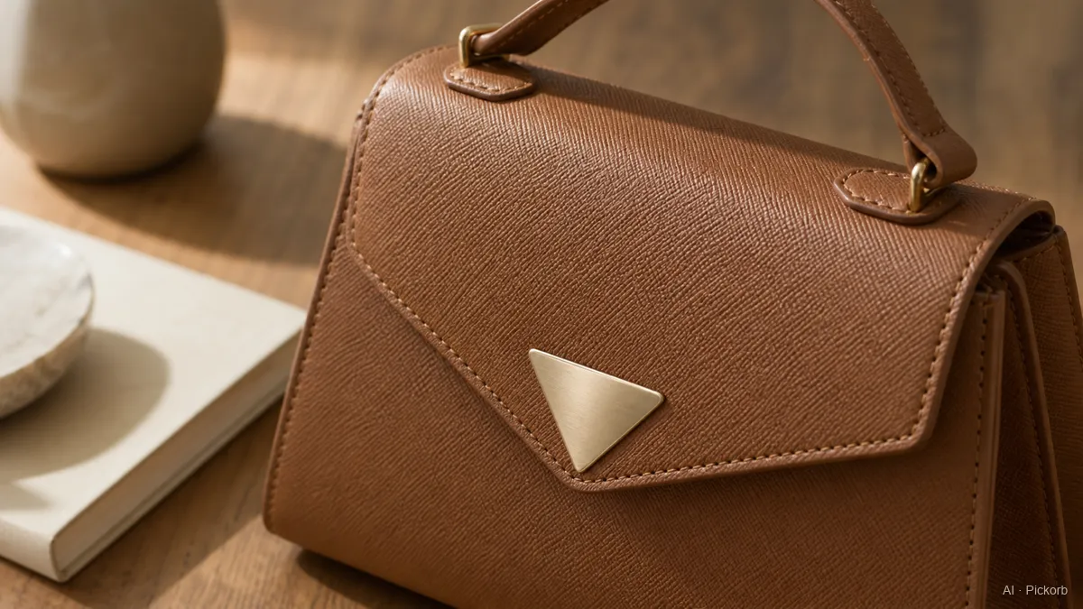 Primo piano di una borsa top-handle ispirata a Prada con pelle a trama incrociata e placca triangolare vuota su rovere opaco (illustrazione generata da IA)