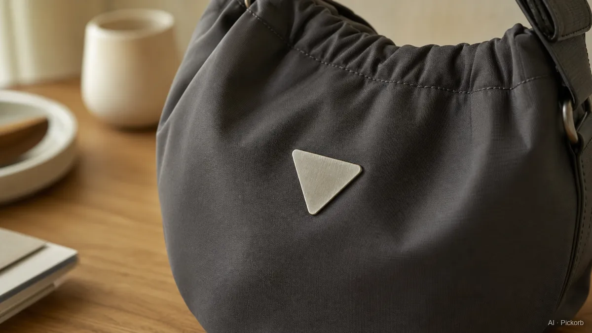 Primo piano di una bucket bag morbida ispirata a Prada in nylon opaco, con pieghe leggere e placca triangolare vuota su rovere (illustrazione generata da IA)
