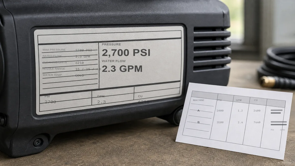 Image: Close-up of a pressure washer spec label showing PSI and GPM numbers, with a small chart nearby comparing two machines at different pressure and flow combinations — AI illustration