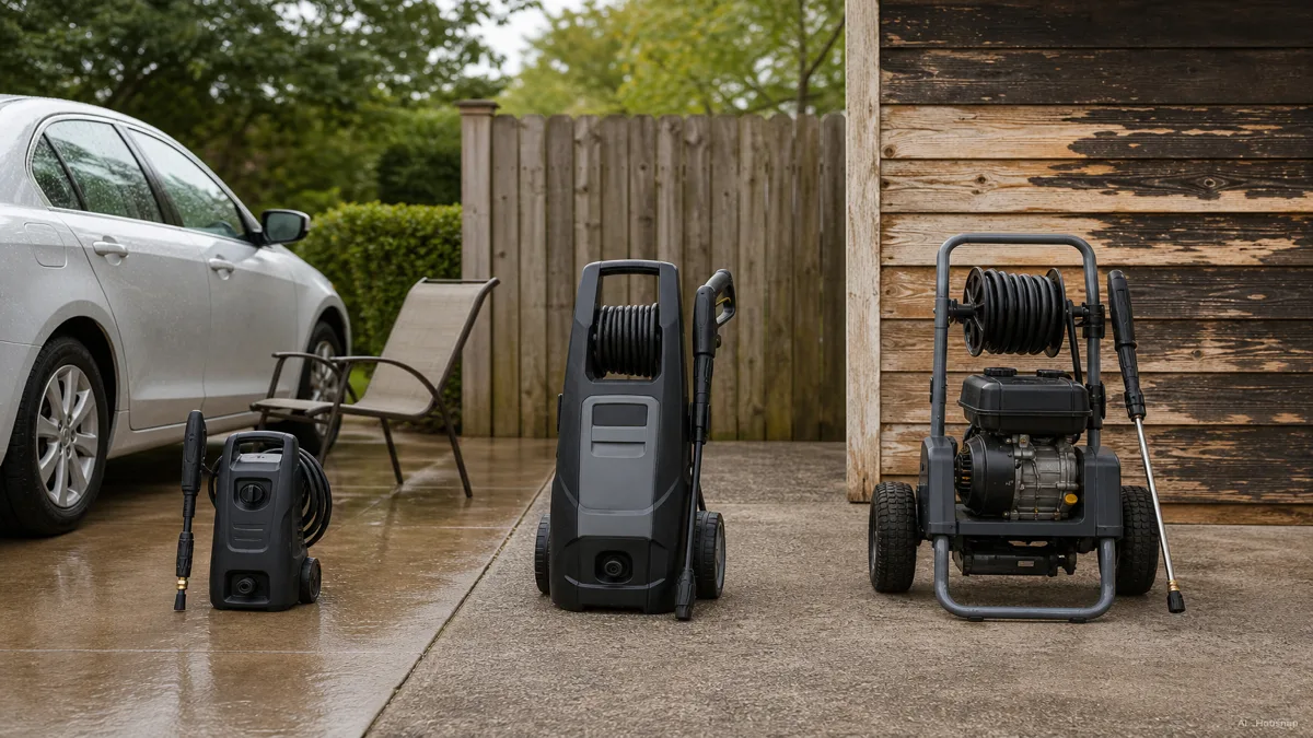 Image: Three pressure washers of increasing size lined up next to the tasks they suit, a car and patio chair for the smallest, a driveway and fence for the middle one, and a stripped wood surface for the largest, industrial-looking machine — AI illustration