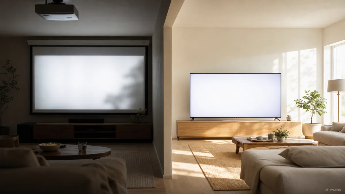 Image: Split-scene illustration, a projector throwing a large image onto a screen in a dim room on one side, a bright TV holding its picture in a sunlit living room on the other side — AI illustration