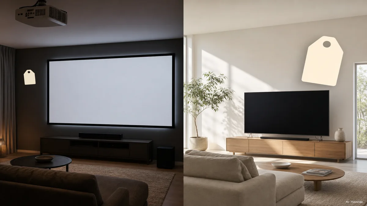 Image: Side-by-side comparison illustration, a 100-inch projected image with a price tag on one side and a smaller premium TV with a higher price tag on the other, simple flat icon style — AI illustration