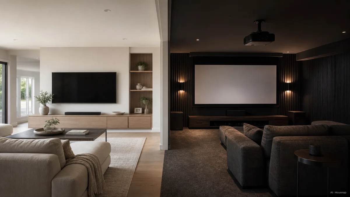 Image: A simple room-by-room diagram, one side showing a bright open living room with a wall-mounted TV, the other showing a dedicated dark media room with a ceiling-mounted projector and drop-down screen — AI illustration