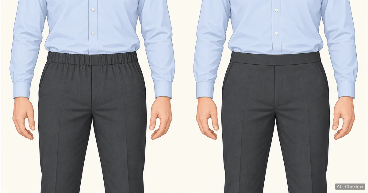 Two front-view illustrations of tucked pale shirts and charcoal trousers, comparing a gathered waistband on the left with a smooth waistband front on the right.