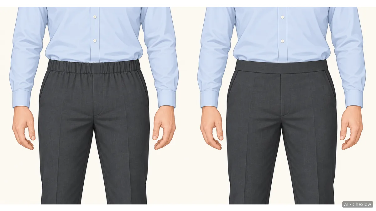 Two front-view illustrations of tucked pale shirts and charcoal trousers, comparing a gathered waistband on the left with a smooth waistband front on the right.