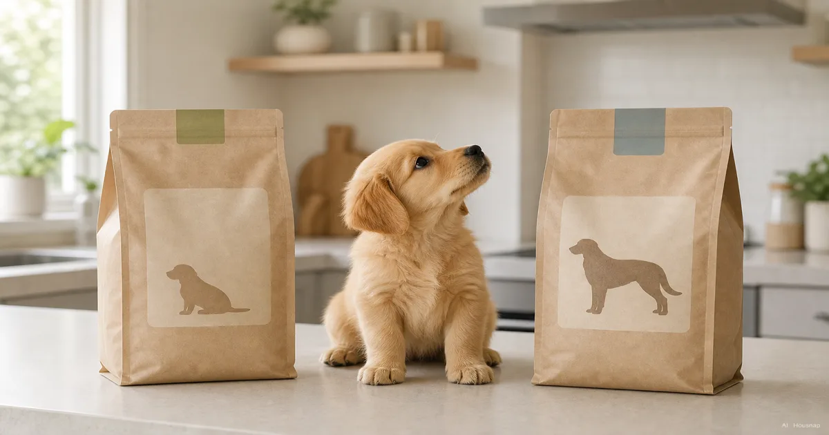 Puppy Food vs Adult Dog Food, What to Buy First and When to Switch — AI illustration