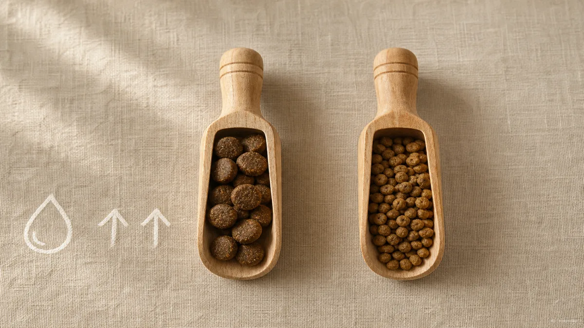 Image: a clean flat lay comparing a scoop of large-kibble puppy food beside adult kibble, with small icons marking higher protein, higher fat, and an added DHA droplet — AI illustration