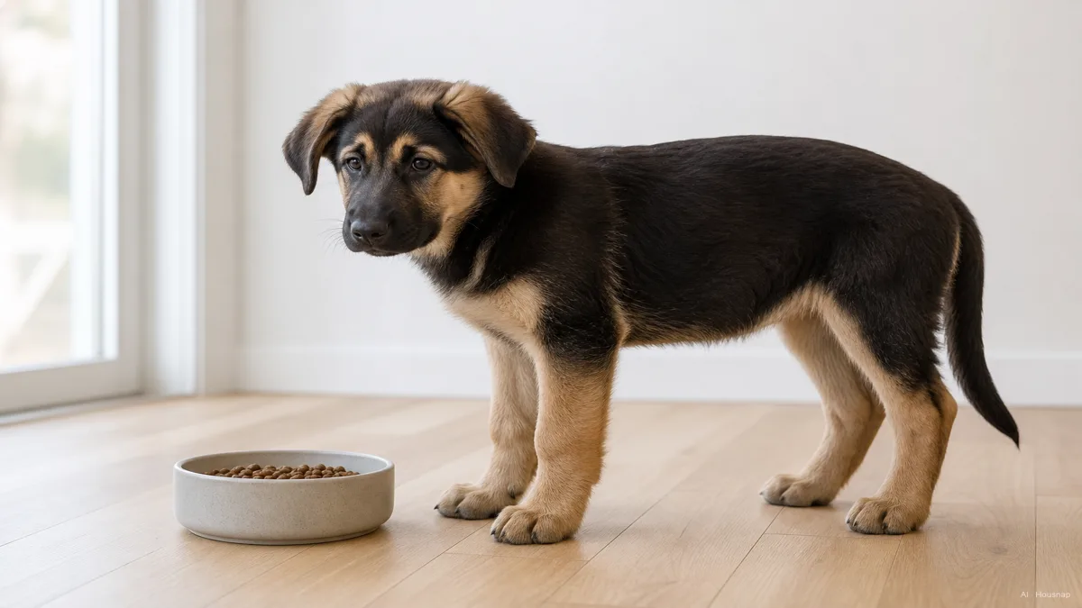 Image: a large-breed puppy such as a labrador or shepherd standing beside its food bowl, with a calm illustrative cue suggesting controlled, steady growth rather than rapid bulk — AI illustration