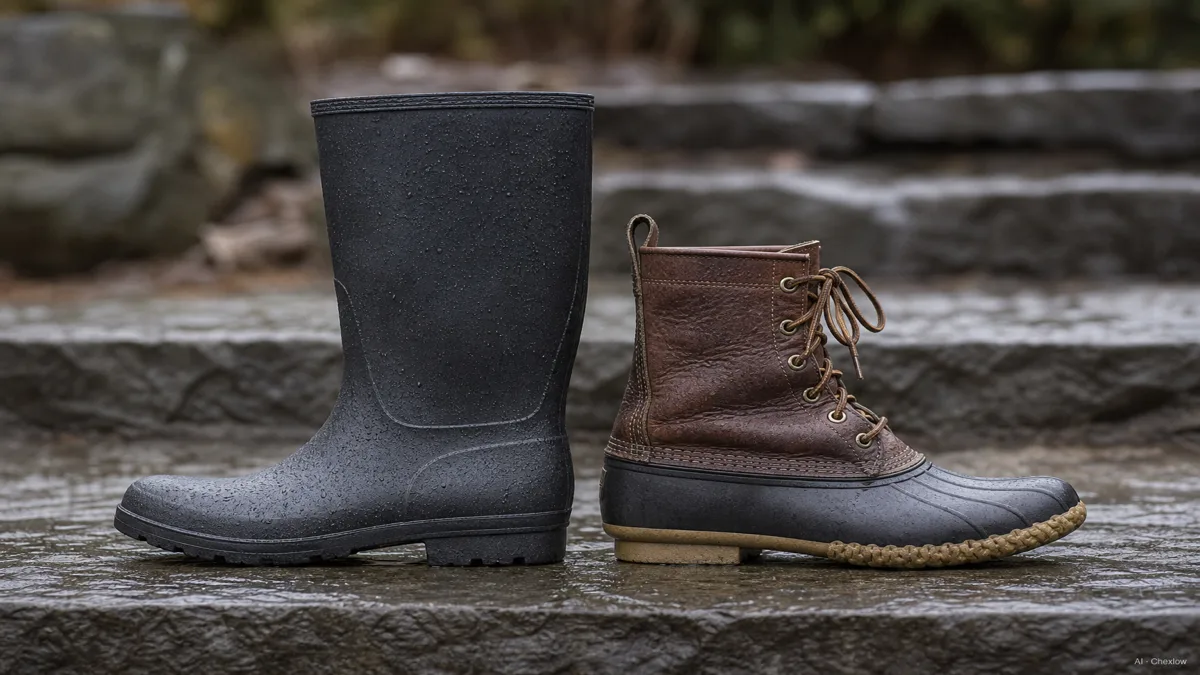 Image: a plain rubber rain boot and a leather-and-rubber duck boot standing side by side on a wet stone step, rain visibly beading on the rubber boot, no visible brand marks, overcast daylight