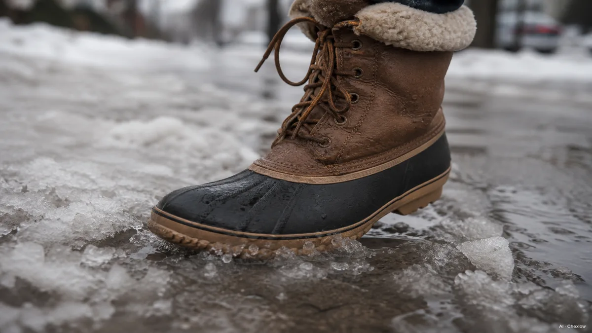 Image: a duck boot with visible leather upper and shearling lining trim walking through wet snow and slush on a sidewalk, no visible brand marks, cold overcast light