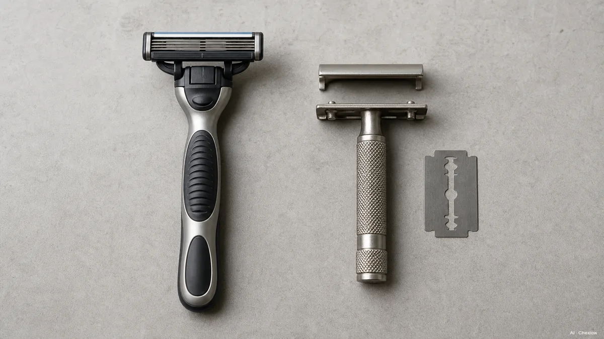 Image: Side-by-side flat-lay of a modern multi-blade cartridge razor with a plastic pivoting head and a classic all-metal double-edge safety razor with its blade removed and visible beside it, clean neutral studio surface, soft even lighting, no brand logos