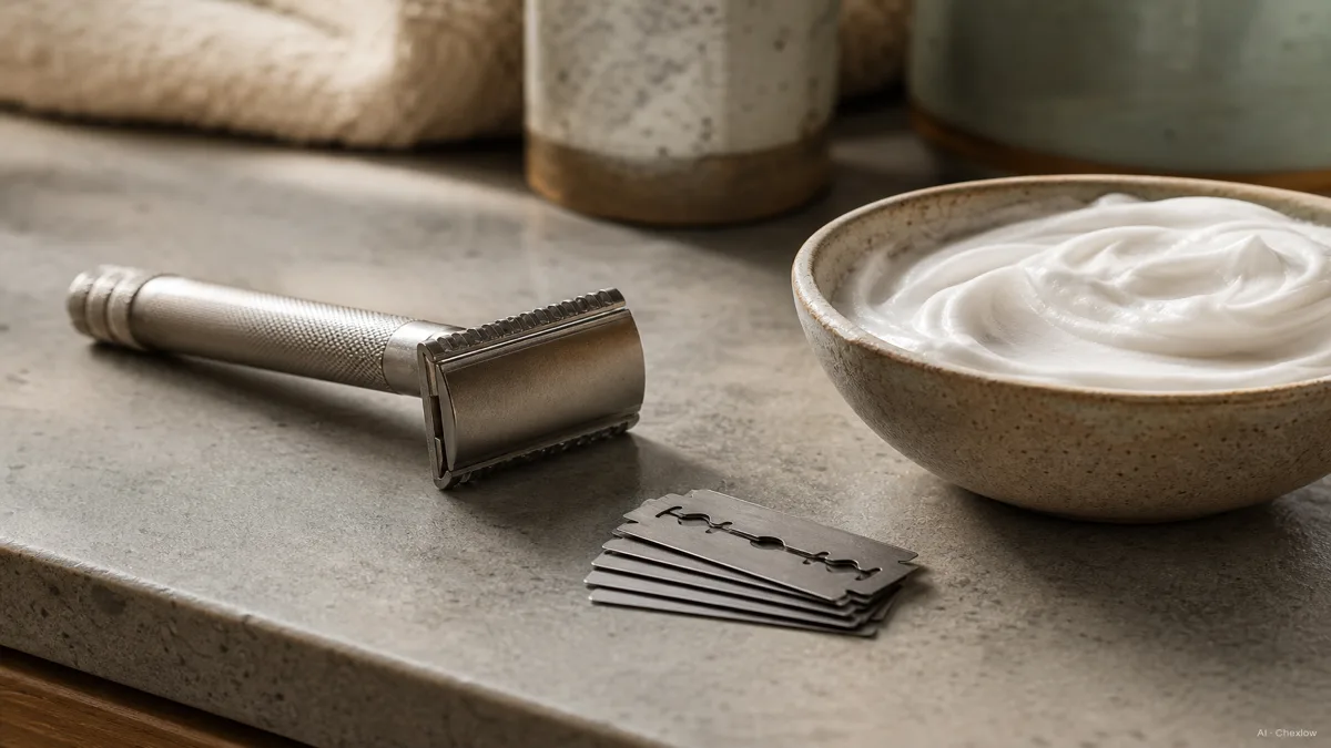 Image: Close soft-lit macro shot of a bathroom counter with a safety razor and a small stack of fresh double-edge blades next to a bowl of shaving cream, warm calm morning light, no people, no text, no logos