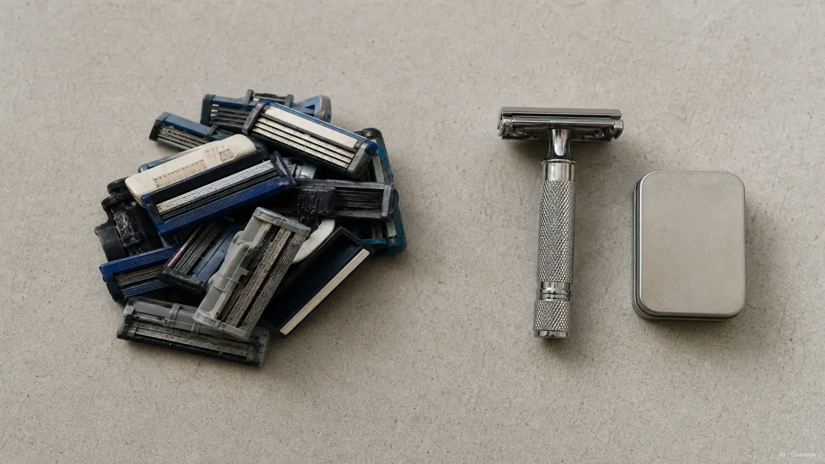 Image: Overhead flat-lay comparing a small pile of discarded plastic cartridge razor heads against a single vintage-style chrome safety razor handle and a small tin of blades, muted natural tones, editorial product photography feel, no brand marks