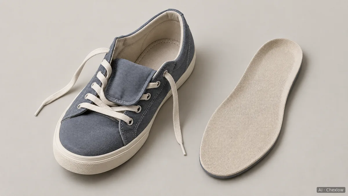 An open sneaker with loosened laces beside its removed full-length insole.