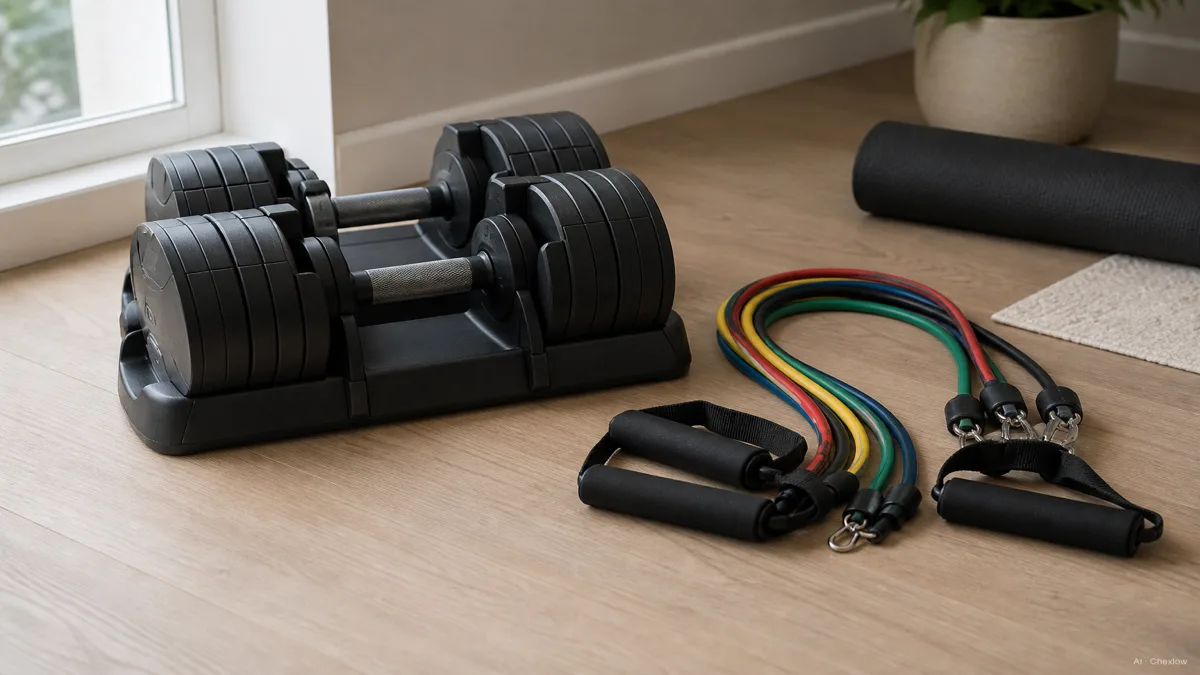 Image: A pair of adjustable dumbbells stacked neatly next to a set of colorful resistance bands with handles, laid out on a light wood floor in a small home workout corner