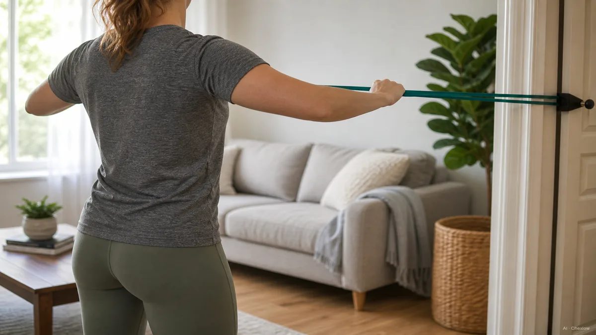 Image: A person doing a resistance band pull-apart exercise in a bright living room, one end of the band anchored to a doorframe, soft daylight through a window